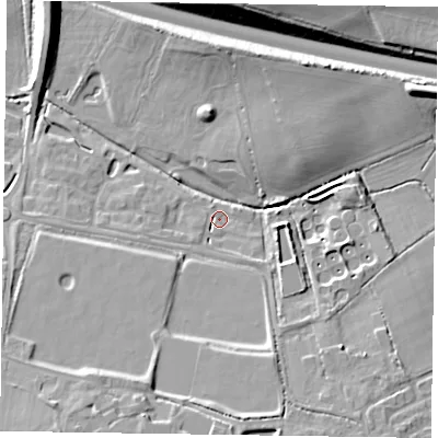 Shaded relief map of the ground around RG405AY, computed from Environment Agency LiDAR. The ground here sits at about 48 m above sea level and falls 16 m across the surrounding 800 m. Surface water reaching this point runs off ground lying to the south-south-west, 11.5 m higher.