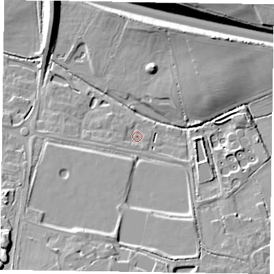 Shaded relief map of the ground around RG405BA, computed from Environment Agency LiDAR. The ground here sits at about 48 m above sea level and falls 18 m across the surrounding 800 m. Surface water reaching this point runs off ground lying to the west-south-west, 1.5 m higher.