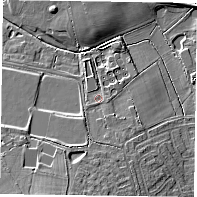 Shaded relief map of the ground around RG405QE, computed from Environment Agency LiDAR. The ground here sits at about 52 m above sea level and falls 18 m across the surrounding 800 m. Surface water reaching this point runs off ground lying to the south-south-west, 11.7 m higher.