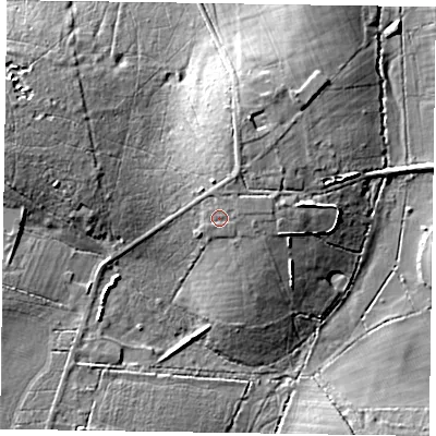 Shaded relief map of the ground around RG405RN, computed from Environment Agency LiDAR. The ground here sits at about 55 m above sea level and falls 14 m across the surrounding 800 m. Surface water reaching this point runs off ground lying to the east-north-east, 0.8 m higher.