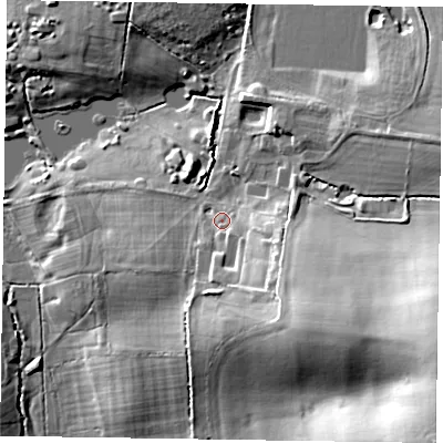 Shaded relief map of the ground around RG405RY, computed from Environment Agency LiDAR. The ground here sits at about 54 m above sea level and falls 26 m across the surrounding 800 m. Surface water reaching this point runs off ground lying to the south-east, 11.9 m higher.