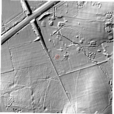 Shaded relief map of the ground around RG405SJ, computed from Environment Agency LiDAR. The ground here sits at about 44 m above sea level and falls 18 m across the surrounding 800 m. Surface water reaching this point runs off ground lying to the east, 1.2 m higher.