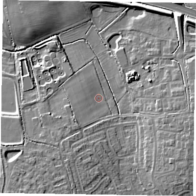 Shaded relief map of the ground around RG405SN, computed from Environment Agency LiDAR. The ground here sits at about 50 m above sea level and falls 16 m across the surrounding 800 m. Surface water reaching this point runs off ground lying to the south-west, 4.0 m higher.