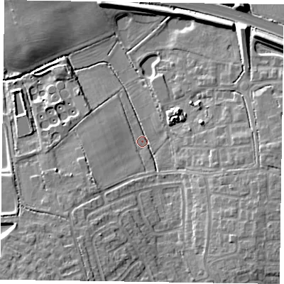 Shaded relief map of the ground around RG405SQ, computed from Environment Agency LiDAR. The ground here sits at about 50 m above sea level and falls 15 m across the surrounding 800 m. Surface water reaching this point runs off ground lying to the south-south-west, 9.2 m higher.