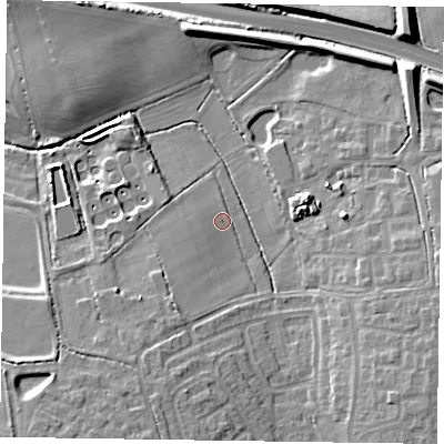 Shaded relief map of the ground around RG405SR, computed from Environment Agency LiDAR. The ground here sits at about 50 m above sea level and falls 15 m across the surrounding 800 m. Surface water reaching this point runs off ground lying to the south-south-west, 8.7 m higher.