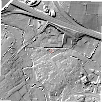 Shaded relief map of the ground around RG411DB, computed from Environment Agency LiDAR. The ground here sits at about 43 m above sea level and falls 16 m across the surrounding 800 m. Surface water reaching this point runs off ground lying to the north-north-east, 11.7 m higher.