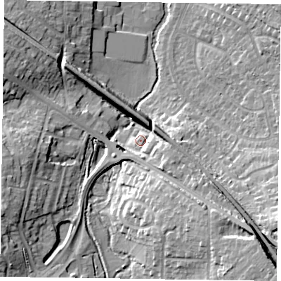 Shaded relief map of the ground around RG411EP, computed from Environment Agency LiDAR. The ground here sits at about 47 m above sea level and falls 19 m across the surrounding 800 m. Surface water reaching this point runs off ground lying to the south-east, 16.7 m higher.