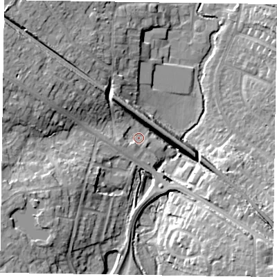 Shaded relief map of the ground around RG411HD, computed from Environment Agency LiDAR. The ground here sits at about 45 m above sea level and falls 16 m across the surrounding 800 m. Surface water reaching this point runs off ground lying to the west-south-west, 4.2 m higher.