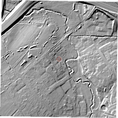 Shaded relief map of the ground around RG411HL, computed from Environment Agency LiDAR. The ground here sits at about 44 m above sea level and falls 15 m across the surrounding 800 m. Surface water reaching this point runs off ground lying to the west-north-west, 4.4 m higher.
