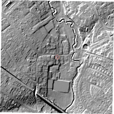 Shaded relief map of the ground around RG411JN, computed from Environment Agency LiDAR. The ground here sits at about 45 m above sea level and falls 13 m across the surrounding 800 m. Surface water reaching this point runs off ground lying to the west, 9.9 m higher.