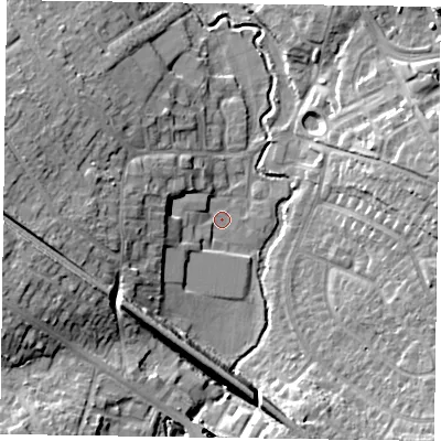 Shaded relief map of the ground around RG411JP, computed from Environment Agency LiDAR. The ground here sits at about 44 m above sea level and falls 13 m across the surrounding 800 m. Surface water reaching this point runs off ground lying to the west, 10.0 m higher.