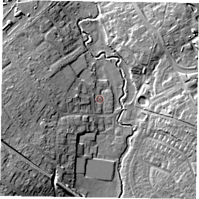 Shaded relief map of the ground around RG411JQ, computed from Environment Agency LiDAR. The ground here sits at about 44 m above sea level and falls 13 m across the surrounding 800 m. Surface water reaching this point runs off ground lying to the west, 3.2 m higher.