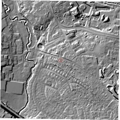 Shaded relief map of the ground around RG411JT, computed from Environment Agency LiDAR. The ground here sits at about 52 m above sea level and falls 20 m across the surrounding 800 m. Surface water reaching this point runs off ground lying to the east-south-east, 4.6 m higher.