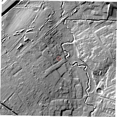 Shaded relief map of the ground around RG411LB, computed from Environment Agency LiDAR. The ground here sits at about 45 m above sea level and falls 15 m across the surrounding 800 m. Surface water reaching this point runs off ground lying to the west-south-west, 8.0 m higher.