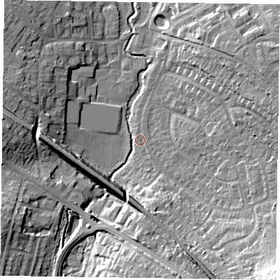 Shaded relief map of the ground around RG411NE, computed from Environment Agency LiDAR. The ground here sits at about 45 m above sea level and falls 20 m across the surrounding 800 m. Surface water reaching this point runs off ground lying to the south-south-east, 10.5 m higher.