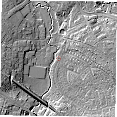 Shaded relief map of the ground around RG411NF, computed from Environment Agency LiDAR. The ground here sits at about 45 m above sea level and falls 14 m across the surrounding 800 m. Surface water reaching this point runs off ground lying to the east, 11.8 m higher.