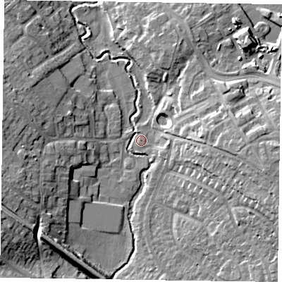 Shaded relief map of the ground around RG411NQ, computed from Environment Agency LiDAR. The ground here sits at about 44 m above sea level and falls 14 m across the surrounding 800 m. Surface water reaching this point runs off ground lying to the east-south-east, 13.4 m higher.