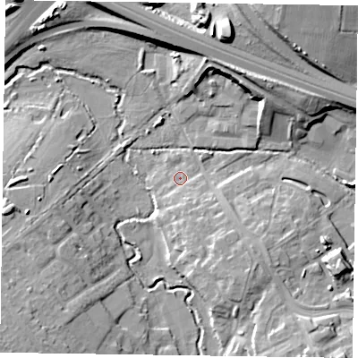 Shaded relief map of the ground around RG411PH, computed from Environment Agency LiDAR. The ground here sits at about 44 m above sea level and falls 16 m across the surrounding 800 m. Surface water reaching this point runs off ground lying to the south-south-east, 4.3 m higher.