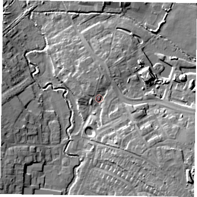 Shaded relief map of the ground around RG411QJ, computed from Environment Agency LiDAR. The ground here sits at about 48 m above sea level and falls 17 m across the surrounding 800 m. Surface water reaching this point runs off ground lying to the north, 2.3 m higher.