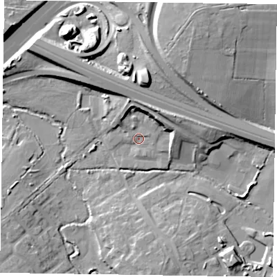 Shaded relief map of the ground around RG411QN, computed from Environment Agency LiDAR. The ground here sits at about 44 m above sea level and falls 17 m across the surrounding 800 m. Surface water reaching this point runs off ground lying to the north-north-east, 8.5 m higher.