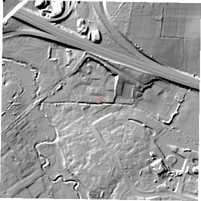 Shaded relief map of the ground around RG411QW, computed from Environment Agency LiDAR. The ground here sits at about 44 m above sea level and falls 17 m across the surrounding 800 m. Surface water reaching this point runs off ground lying to the north, 11.7 m higher.
