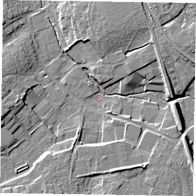 Shaded relief map of the ground around RG412AD, computed from Environment Agency LiDAR. The ground here sits at about 48 m above sea level and falls 15 m across the surrounding 800 m. Surface water reaching this point runs off ground lying to the south-south-east, 10.6 m higher.