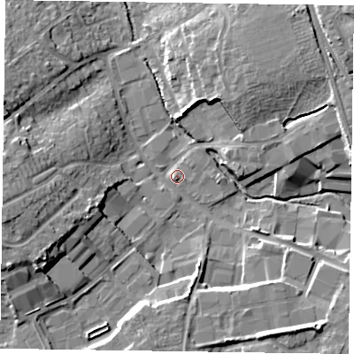Shaded relief map of the ground around RG412AR, computed from Environment Agency LiDAR. The ground here sits at about 50 m above sea level and falls 16 m across the surrounding 800 m. Surface water reaching this point runs off ground lying to the west-south-west, 12.8 m higher.