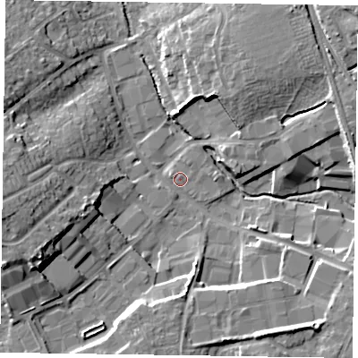 Shaded relief map of the ground around RG412AS, computed from Environment Agency LiDAR. The ground here sits at about 50 m above sea level and falls 16 m across the surrounding 800 m. Surface water reaching this point runs off ground lying to the west-south-west, 12.4 m higher.