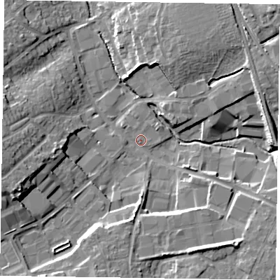 Shaded relief map of the ground around RG412AT, computed from Environment Agency LiDAR. The ground here sits at about 50 m above sea level and falls 15 m across the surrounding 800 m. Surface water reaching this point runs off ground lying to the west-south-west, 12.4 m higher.