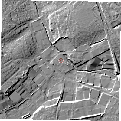 Shaded relief map of the ground around RG412AU, computed from Environment Agency LiDAR. The ground here sits at about 50 m above sea level and falls 16 m across the surrounding 800 m. Surface water reaching this point runs off ground lying to the south-south-east, 0.5 m higher.