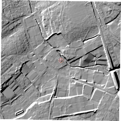 Shaded relief map of the ground around RG412AW, computed from Environment Agency LiDAR. The ground here sits at about 50 m above sea level and falls 16 m across the surrounding 800 m. Surface water reaching this point runs off ground lying to the south-south-east, 10.7 m higher.