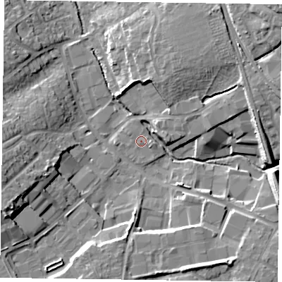 Shaded relief map of the ground around RG412AX, computed from Environment Agency LiDAR. The ground here sits at about 50 m above sea level and falls 16 m across the surrounding 800 m. Surface water reaching this point runs off ground lying to the east-south-east, 0.8 m higher.