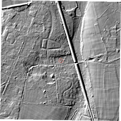 Shaded relief map of the ground around RG412EN, computed from Environment Agency LiDAR. The ground here sits at about 54 m above sea level and falls 12 m across the surrounding 800 m. Surface water reaching this point runs off ground lying to the south-west, 8.0 m higher.