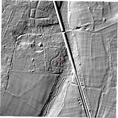 Shaded relief map of the ground around RG412EW, computed from Environment Agency LiDAR. The ground here sits at about 56 m above sea level and falls 10 m across the surrounding 800 m. Surface water reaching this point runs off ground lying to the west-south-west, 2.0 m higher.