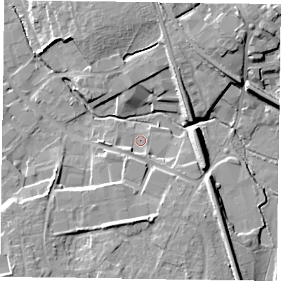 Shaded relief map of the ground around RG412PT, computed from Environment Agency LiDAR. The ground here sits at about 50 m above sea level and falls 18 m across the surrounding 800 m. Surface water reaching this point runs off ground lying to the south, 8.6 m higher.