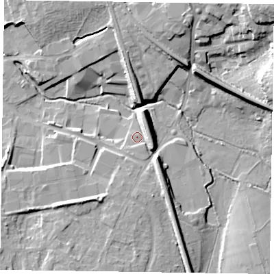 Shaded relief map of the ground around RG412QR, computed from Environment Agency LiDAR. The ground here sits at about 52 m above sea level and falls 20 m across the surrounding 800 m. Surface water reaching this point runs off ground lying to the east-south-east, 6.7 m higher.