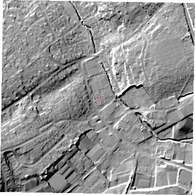 Shaded relief map of the ground around RG412RF, computed from Environment Agency LiDAR. The ground here sits at about 49 m above sea level and falls 19 m across the surrounding 800 m. Surface water reaching this point runs off ground lying to the west-south-west, 15.5 m higher.
