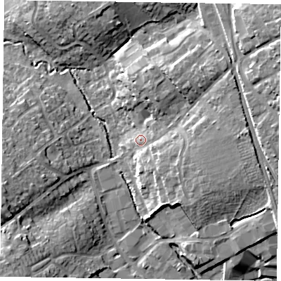 Shaded relief map of the ground around RG412RG, computed from Environment Agency LiDAR. The ground here sits at about 51 m above sea level and falls 18 m across the surrounding 800 m. Surface water reaching this point runs off ground lying to the east, 9.0 m higher.