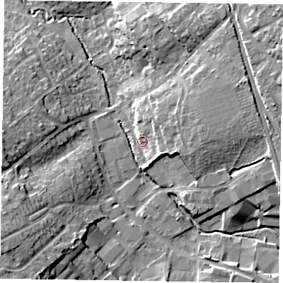 Shaded relief map of the ground around RG412RL, computed from Environment Agency LiDAR. The ground here sits at about 51 m above sea level and falls 17 m across the surrounding 800 m. Surface water reaching this point runs off ground lying to the east, 7.9 m higher.