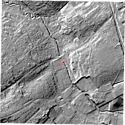 Shaded relief map of the ground around RG412RN, computed from Environment Agency LiDAR. The ground here sits at about 48 m above sea level and falls 19 m across the surrounding 800 m. Surface water reaching this point runs off ground lying to the south-west, 17.0 m higher.