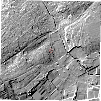 Shaded relief map of the ground around RG412RT, computed from Environment Agency LiDAR. The ground here sits at about 51 m above sea level and falls 21 m across the surrounding 800 m. Surface water reaching this point runs off ground lying to the west-south-west, 4.8 m higher.