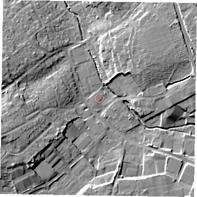 Shaded relief map of the ground around RG412RU, computed from Environment Agency LiDAR. The ground here sits at about 49 m above sea level and falls 17 m across the surrounding 800 m. Surface water reaching this point runs off ground lying to the south-west, 11.7 m higher.