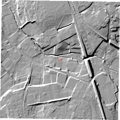 Shaded relief map of the ground around RG412RX, computed from Environment Agency LiDAR. The ground here sits at about 49 m above sea level and falls 18 m across the surrounding 800 m. Surface water reaching this point runs off ground lying to the north-east, 14.5 m higher.