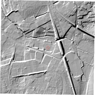 Shaded relief map of the ground around RG412RZ, computed from Environment Agency LiDAR. The ground here sits at about 50 m above sea level and falls 17 m across the surrounding 800 m. Surface water reaching this point runs off ground lying to the south-south-west, 8.6 m higher.