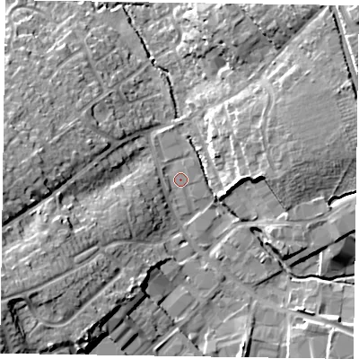 Shaded relief map of the ground around RG412SJ, computed from Environment Agency LiDAR. The ground here sits at about 49 m above sea level and falls 19 m across the surrounding 800 m. Surface water reaching this point runs off ground lying to the west-south-west, 5.6 m higher.