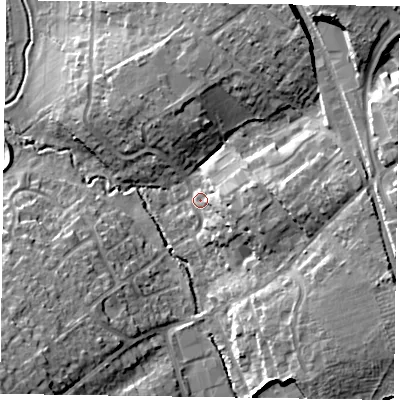 Shaded relief map of the ground around RG412TD, computed from Environment Agency LiDAR. The ground here sits at about 50 m above sea level and falls 19 m across the surrounding 800 m. Surface water reaching this point runs off ground lying to the east-north-east, 13.1 m higher.