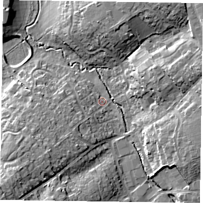 Shaded relief map of the ground around RG412TE, computed from Environment Agency LiDAR. The ground here sits at about 48 m above sea level and falls 21 m across the surrounding 800 m. Surface water reaching this point runs off ground lying to the south-west, 9.8 m higher.