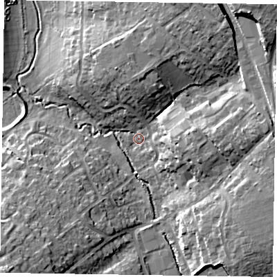 Shaded relief map of the ground around RG412TG, computed from Environment Agency LiDAR. The ground here sits at about 48 m above sea level and falls 19 m across the surrounding 800 m. Surface water reaching this point runs off ground lying to the north-east, 14.0 m higher.