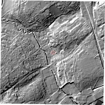Shaded relief map of the ground around RG412TH, computed from Environment Agency LiDAR. The ground here sits at about 48 m above sea level and falls 17 m across the surrounding 800 m. Surface water reaching this point runs off ground lying to the east-north-east, 10.4 m higher.