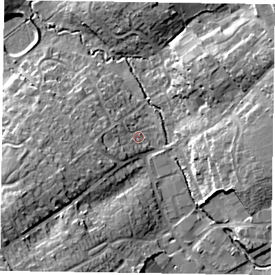 Shaded relief map of the ground around RG412TJ, computed from Environment Agency LiDAR. The ground here sits at about 49 m above sea level and falls 21 m across the surrounding 800 m. Surface water reaching this point runs off ground lying to the west, 6.4 m higher.